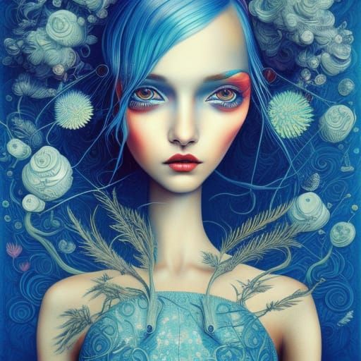 Blue Surreal Fashion Girl Illustration
