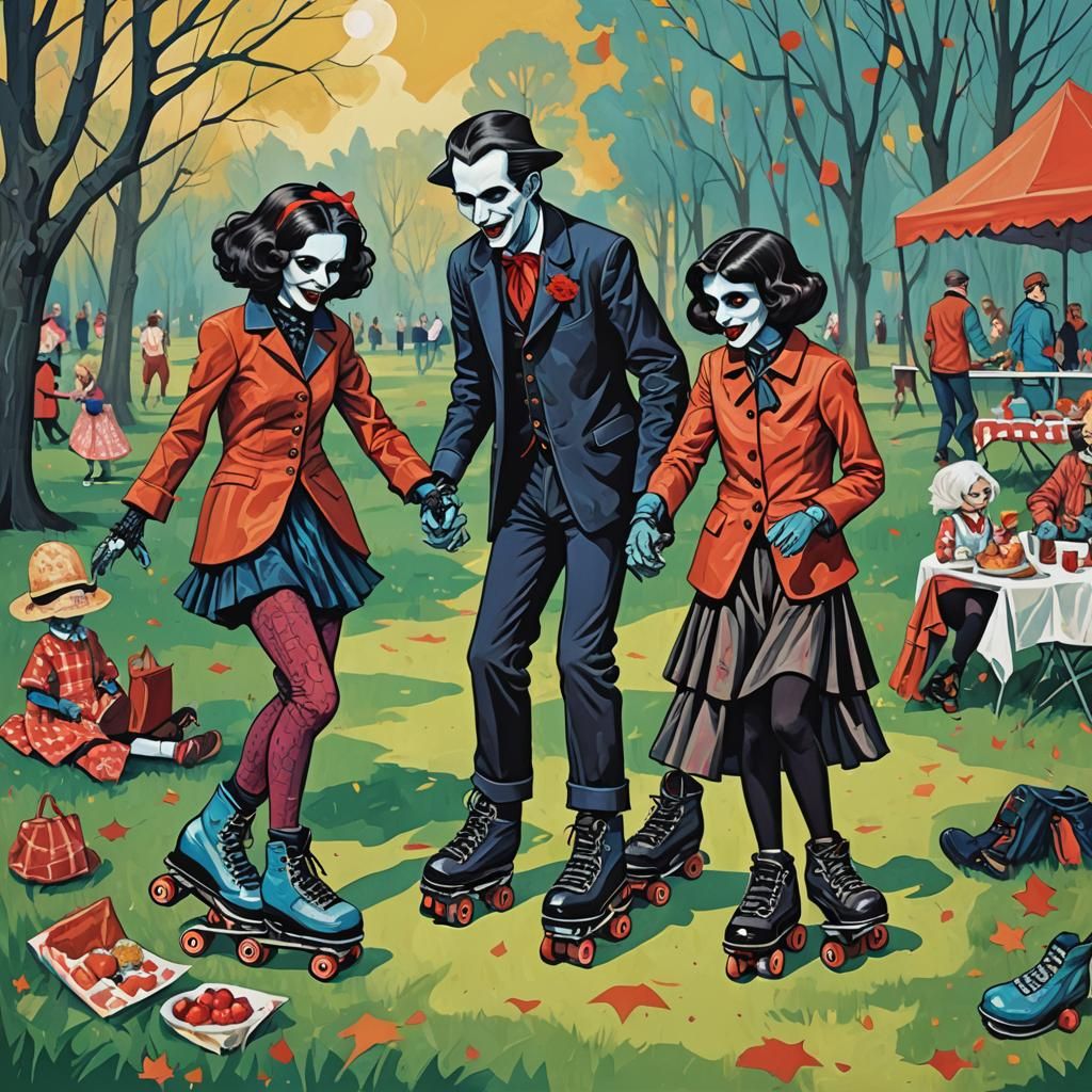 Vampires on Roller Skates Picnic in Abstract Art Style