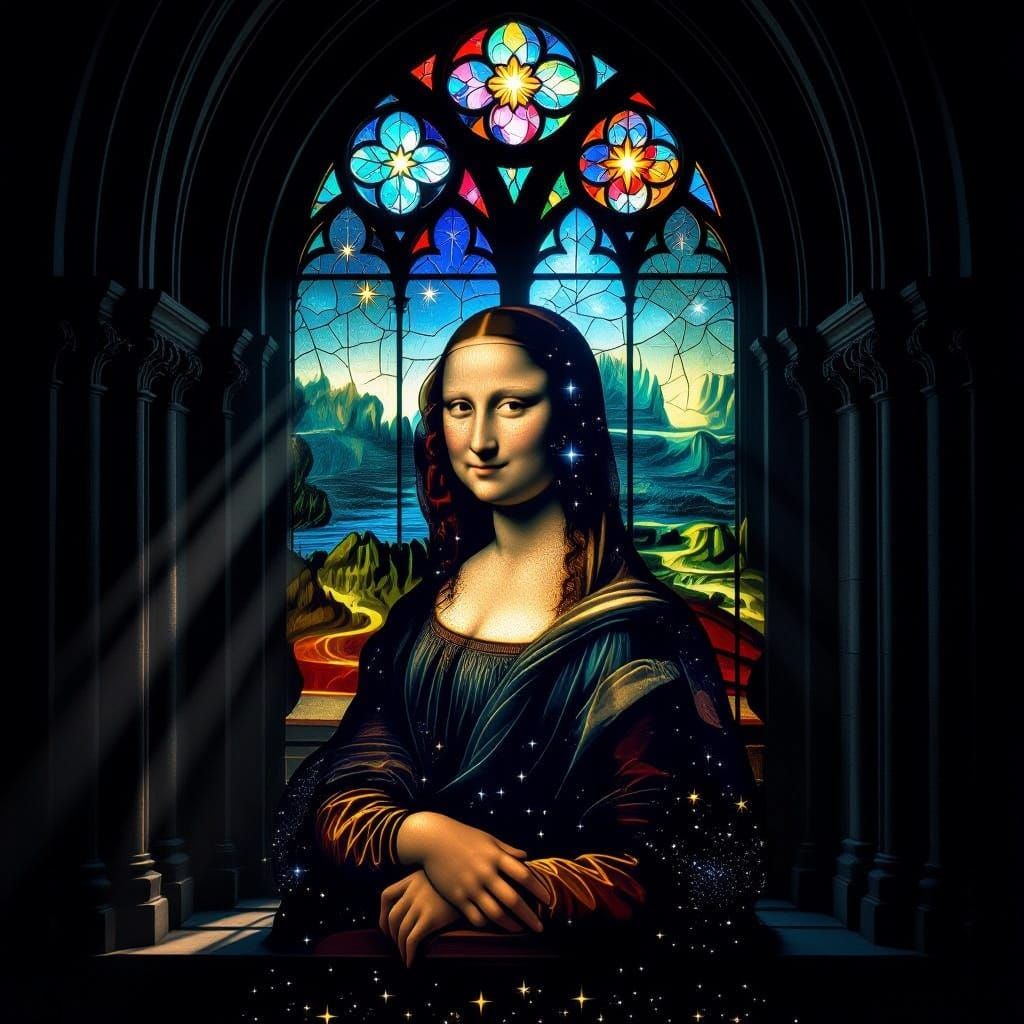 Mona Lisa Figure in Gothic Cathedral Window
