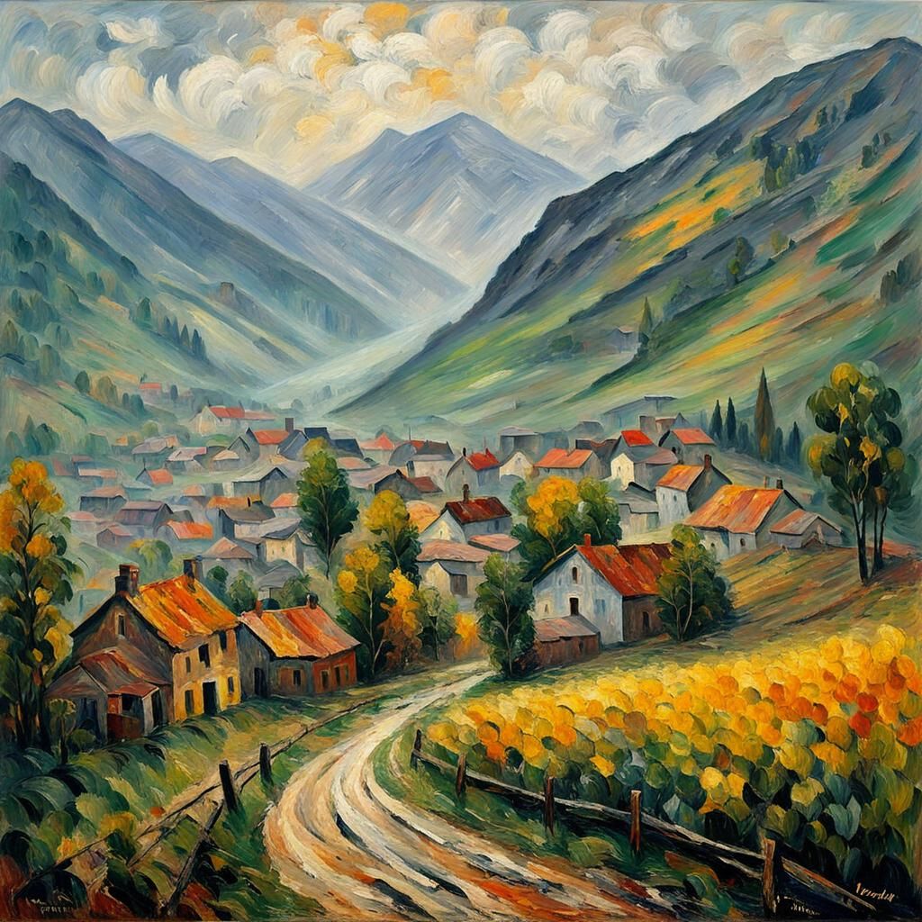 Foggy Village Impasto Painting After Rain