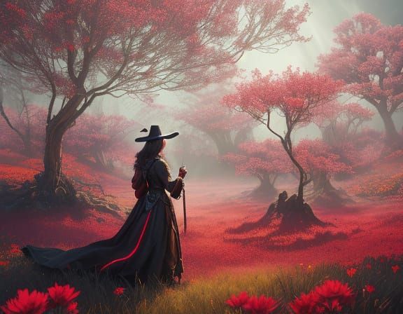 Cute Witch in Crimson Flowers Digital Matte Painting