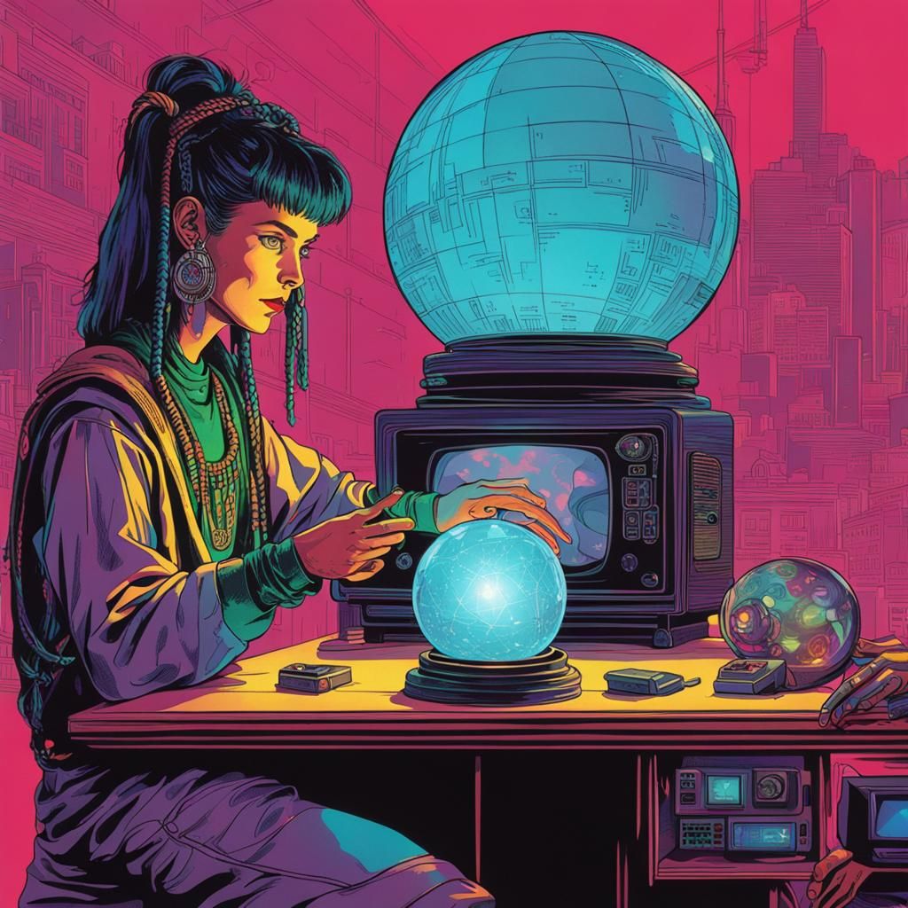 Cyberpunk Fortune Teller with Crystal Ball, 80s Aesthetic