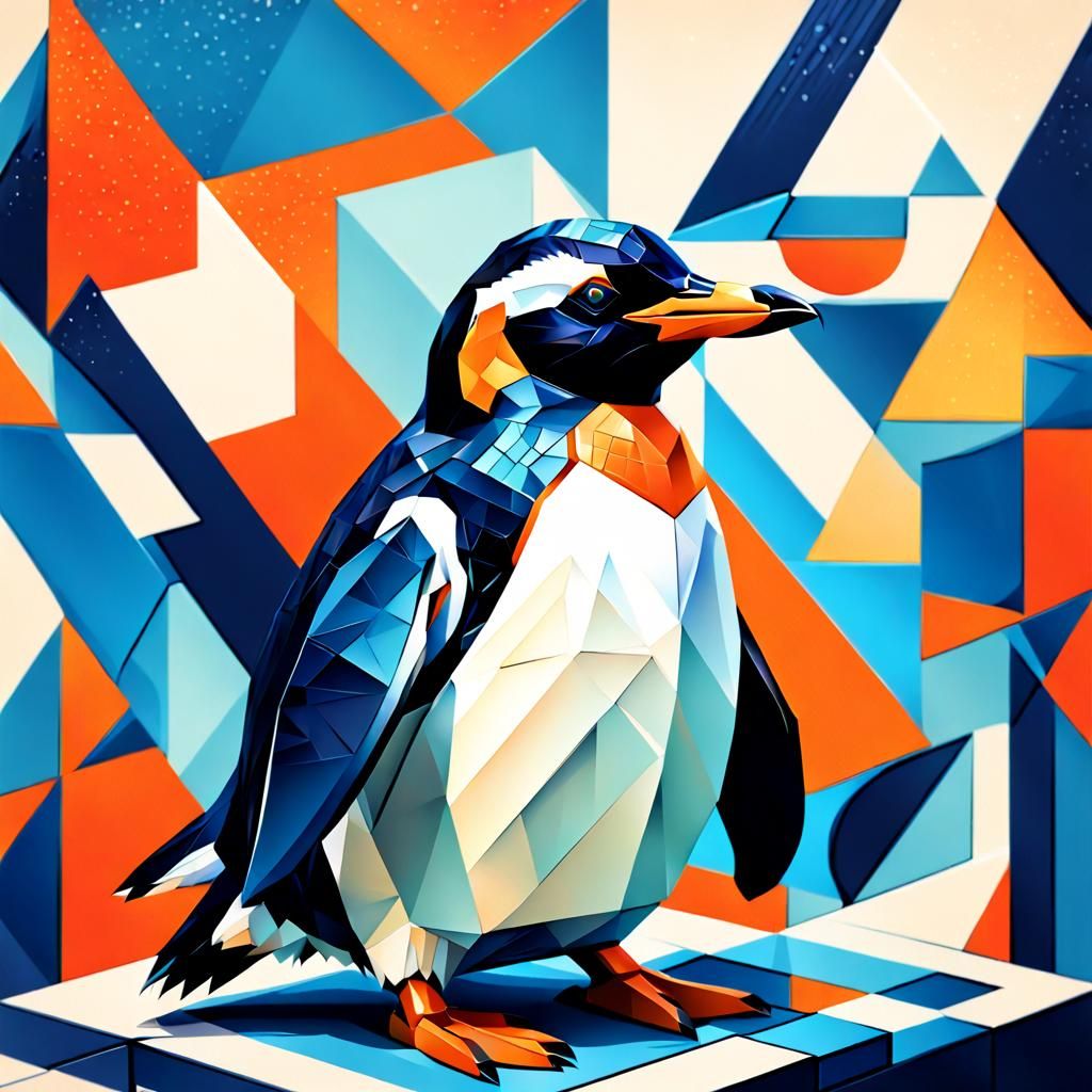 Cubist Orange Penguin Quacking in Geometric Fauvism