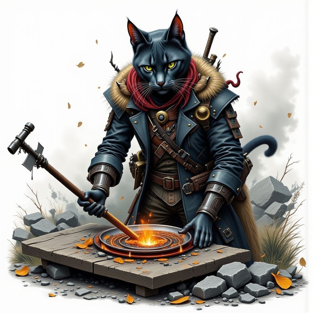 Cat Blacksmith in Caricature Style