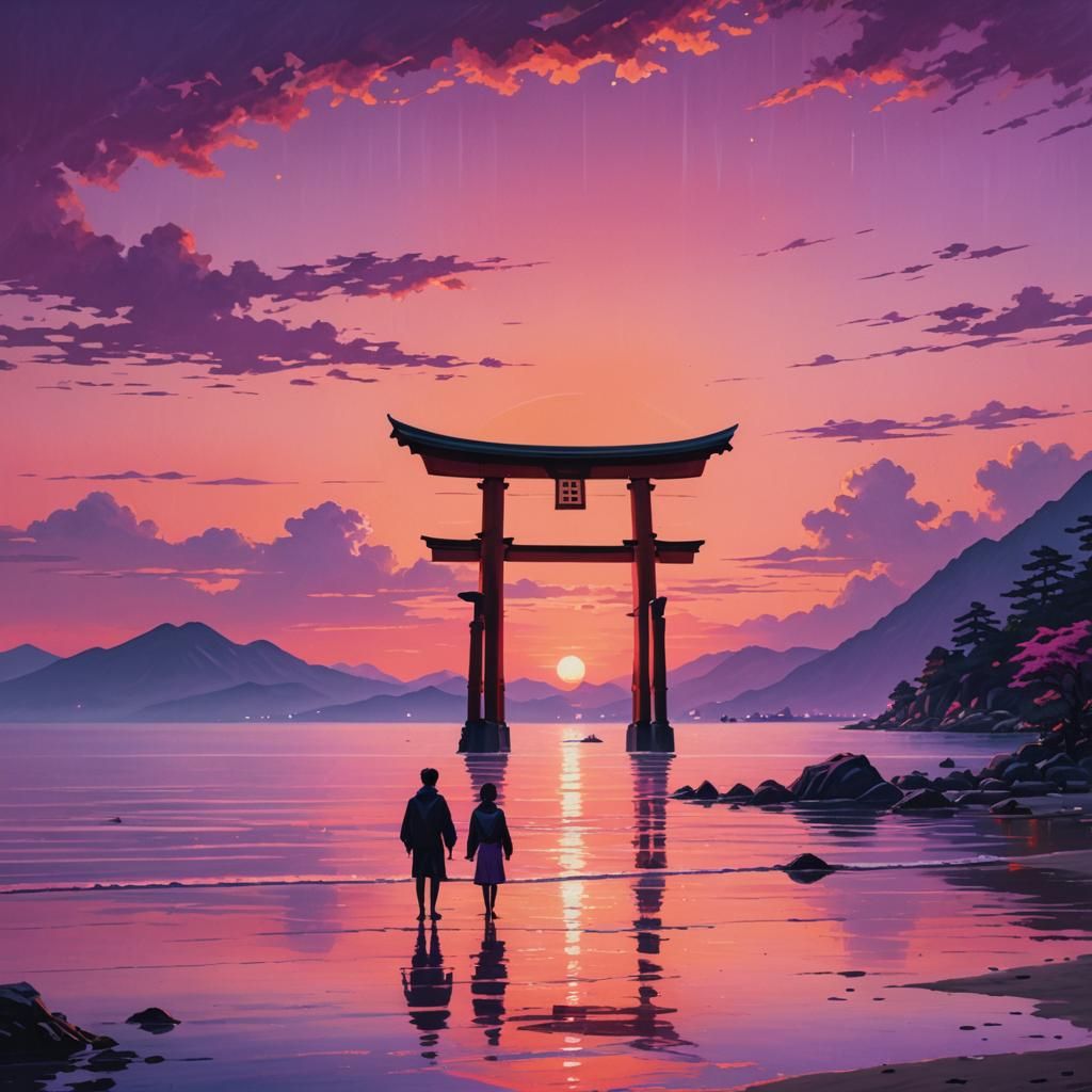 Miyajima Sunset: Neon Retro Island Scenery