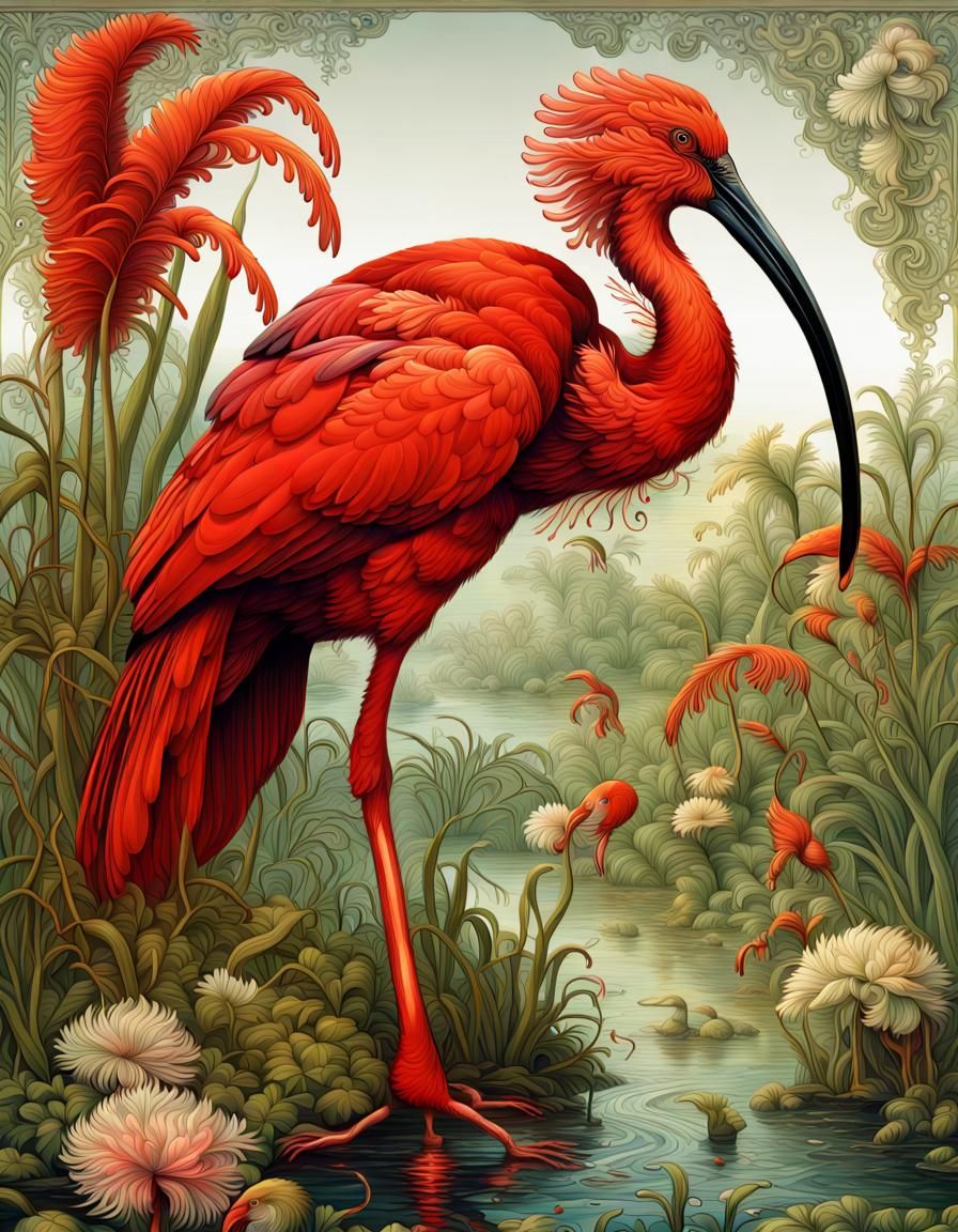 Scarlet Ibis in Bayou, Detailed Fractal Art