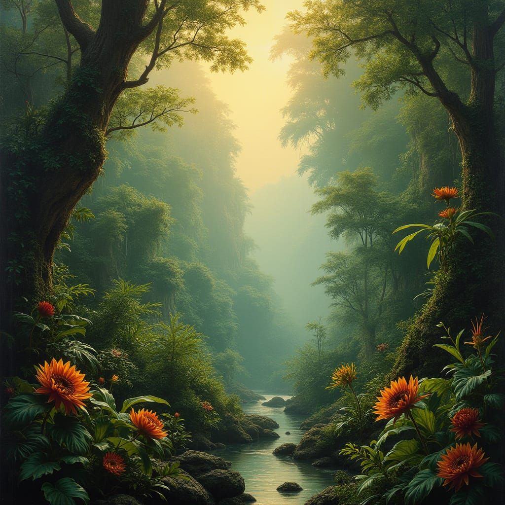Tropical Rainforest Landscape in a Dreamlike Style