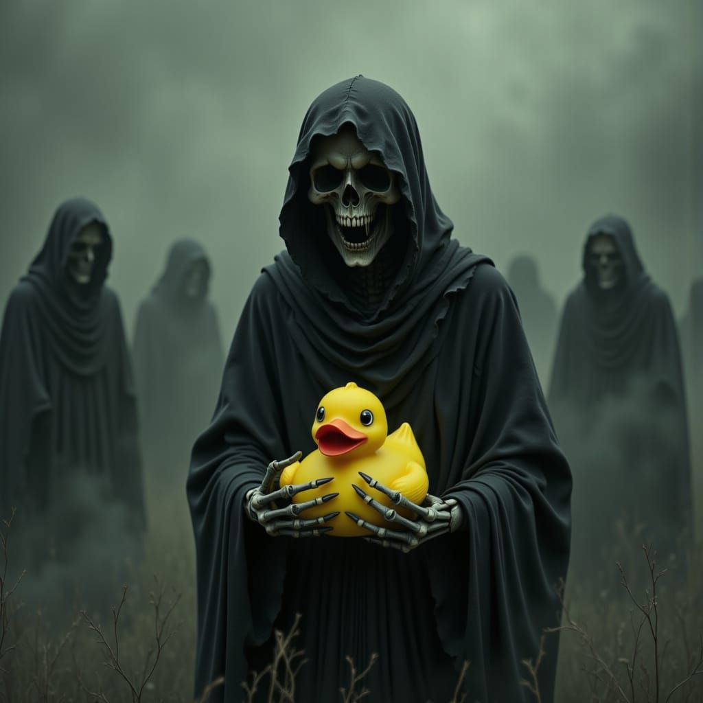 Macabre Grim Reaper Holds Innocent Rubber Ducky in Dark Surr...