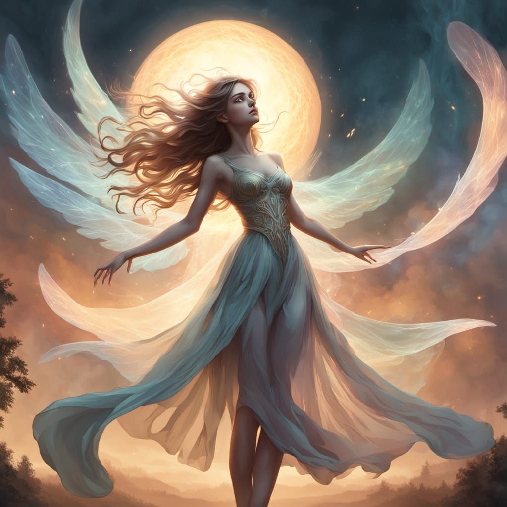 Air Dryad Dancing in Swirling Dawn Sky