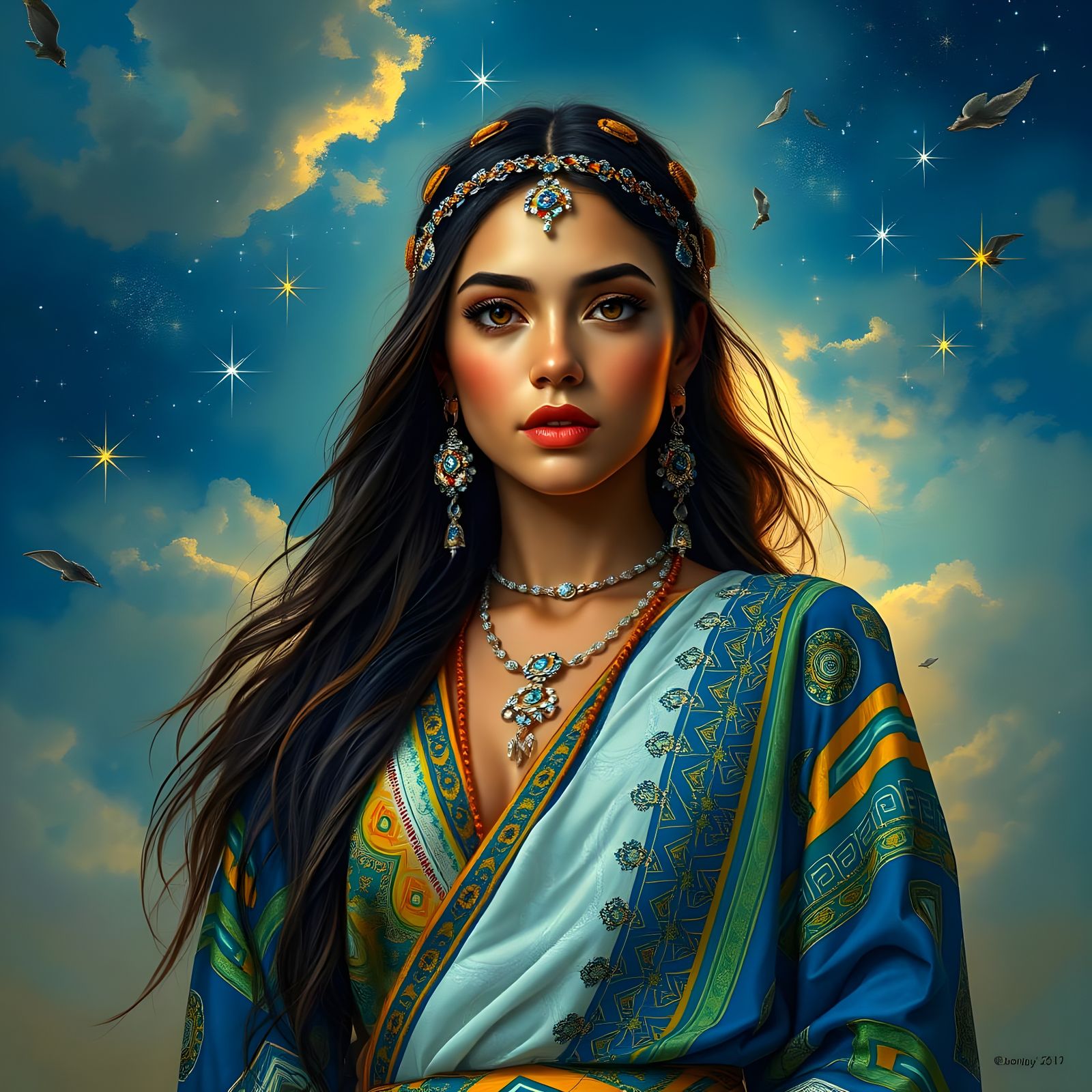 Exotic Tribal Goddess in a Celestial Scene