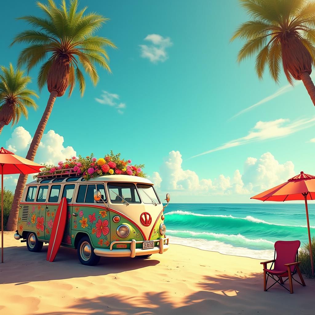 San Diego Beach Scene with Retro Hippie Van