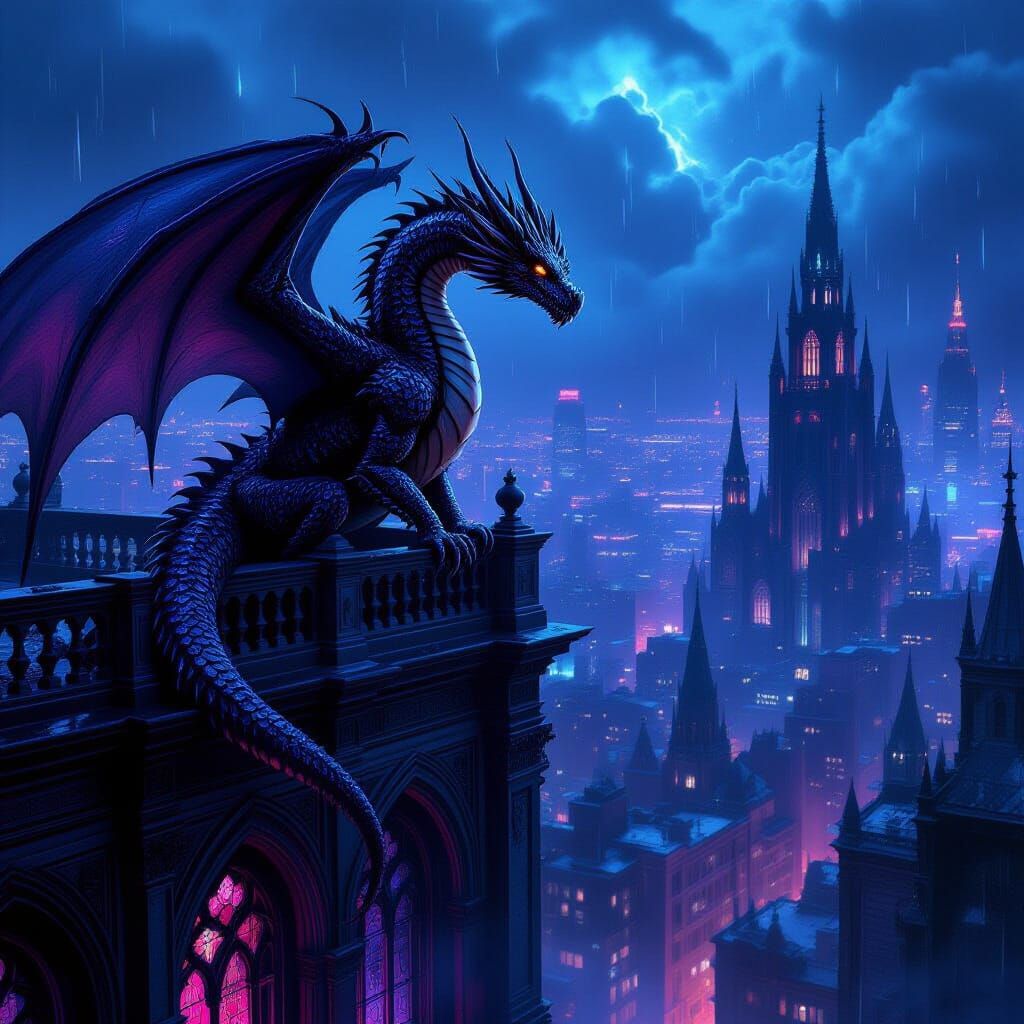 Gothic Dragon Above Neon Cityscape in Biomechanical Style