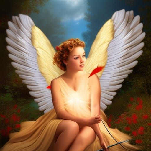 Romantic Cupid Fires Arrow in Golden Sky