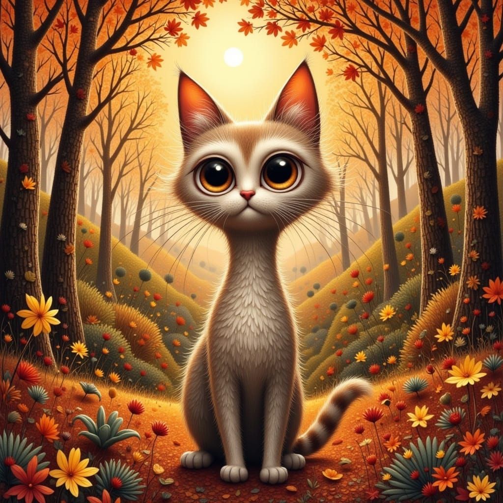Adorable Cat Playing in Autumn Leaves