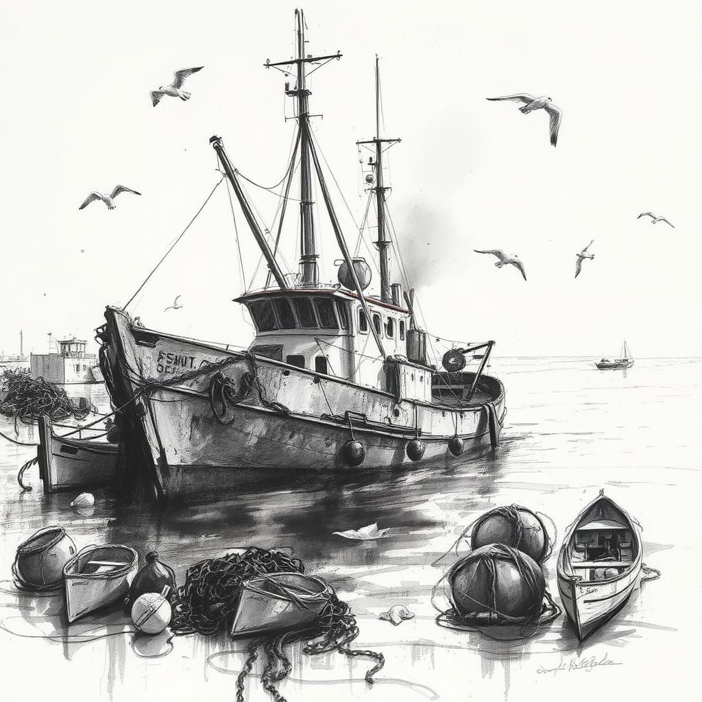 Fishing Trawler in Port, Seabirds and Nets