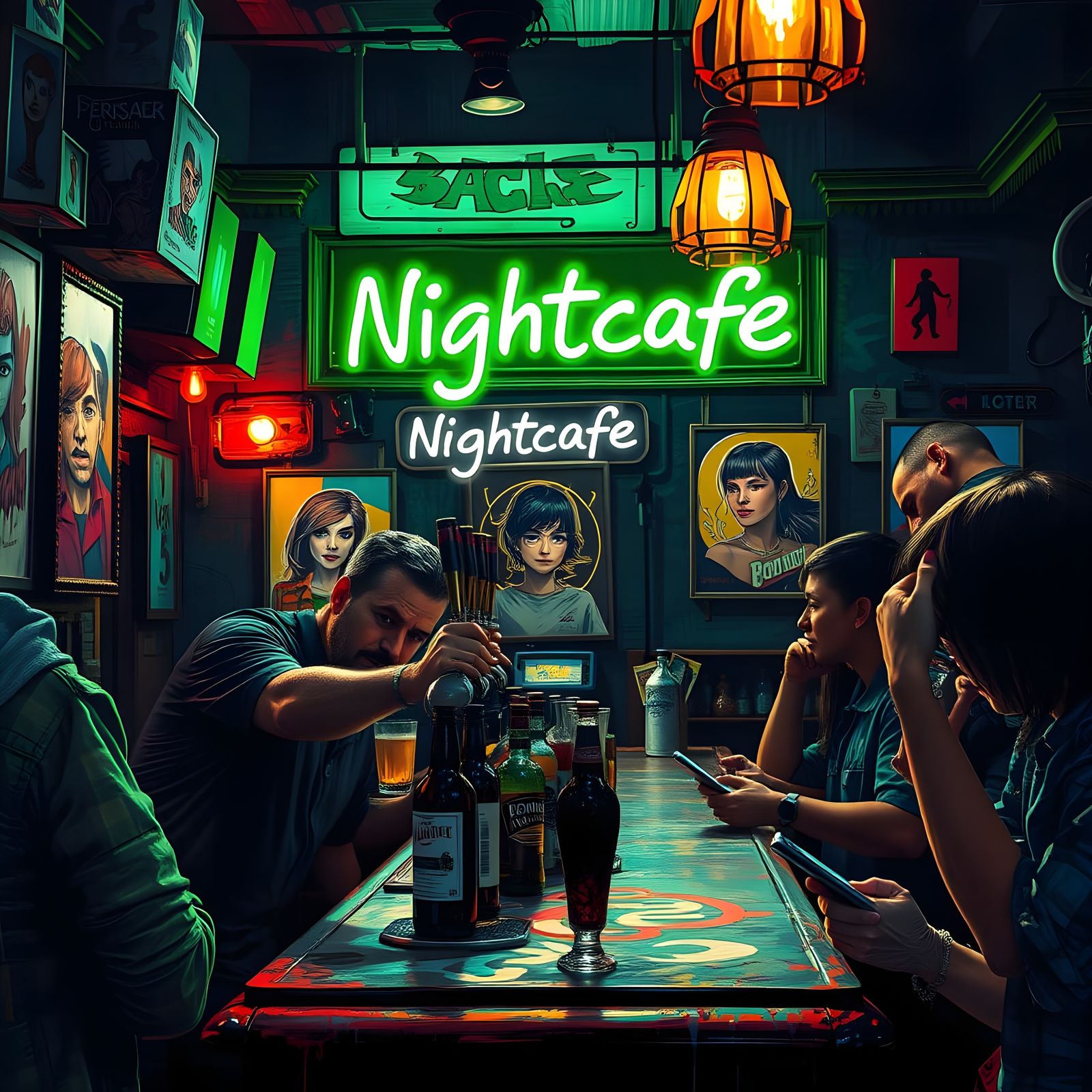 Dive Bar Scene in a Neon-Lit Nighttime Ambiance