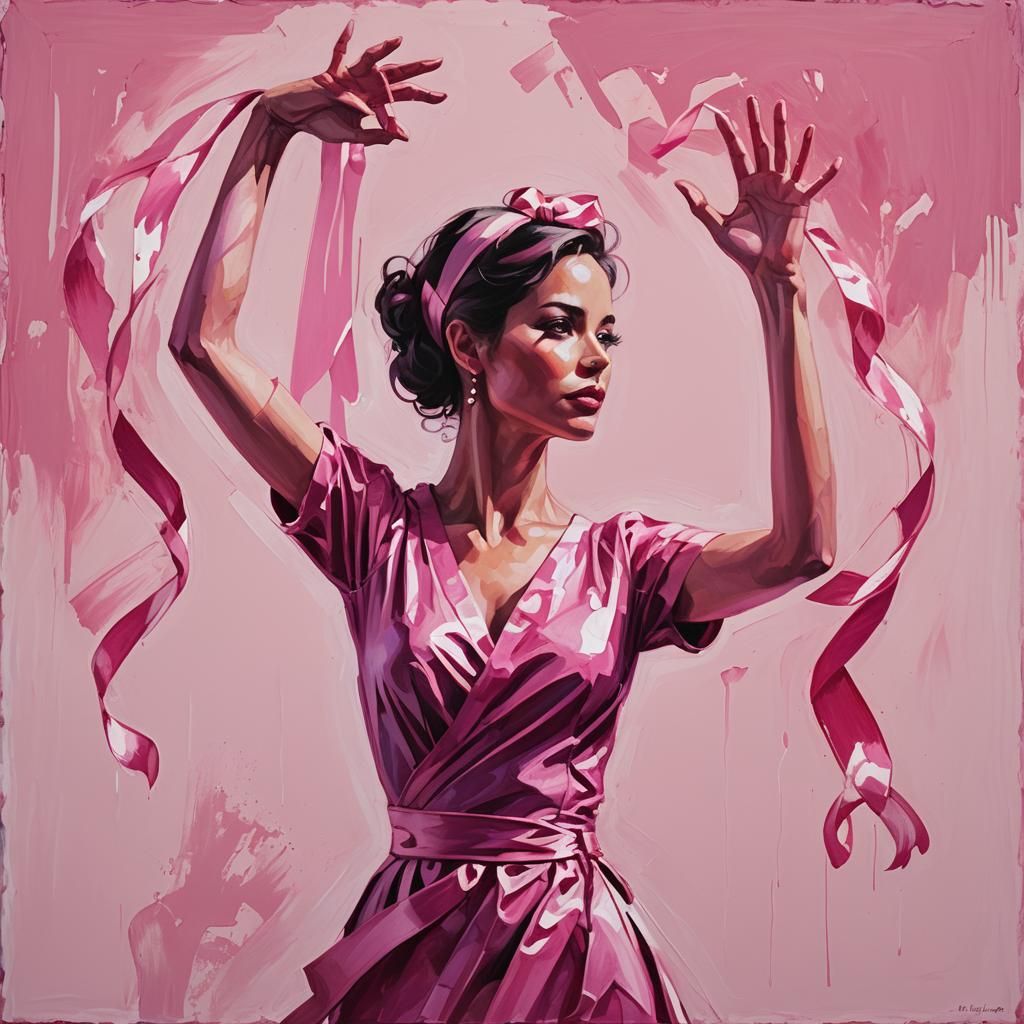 Pink Silhouette with Cancer Ribbon in Oil Paint Style
