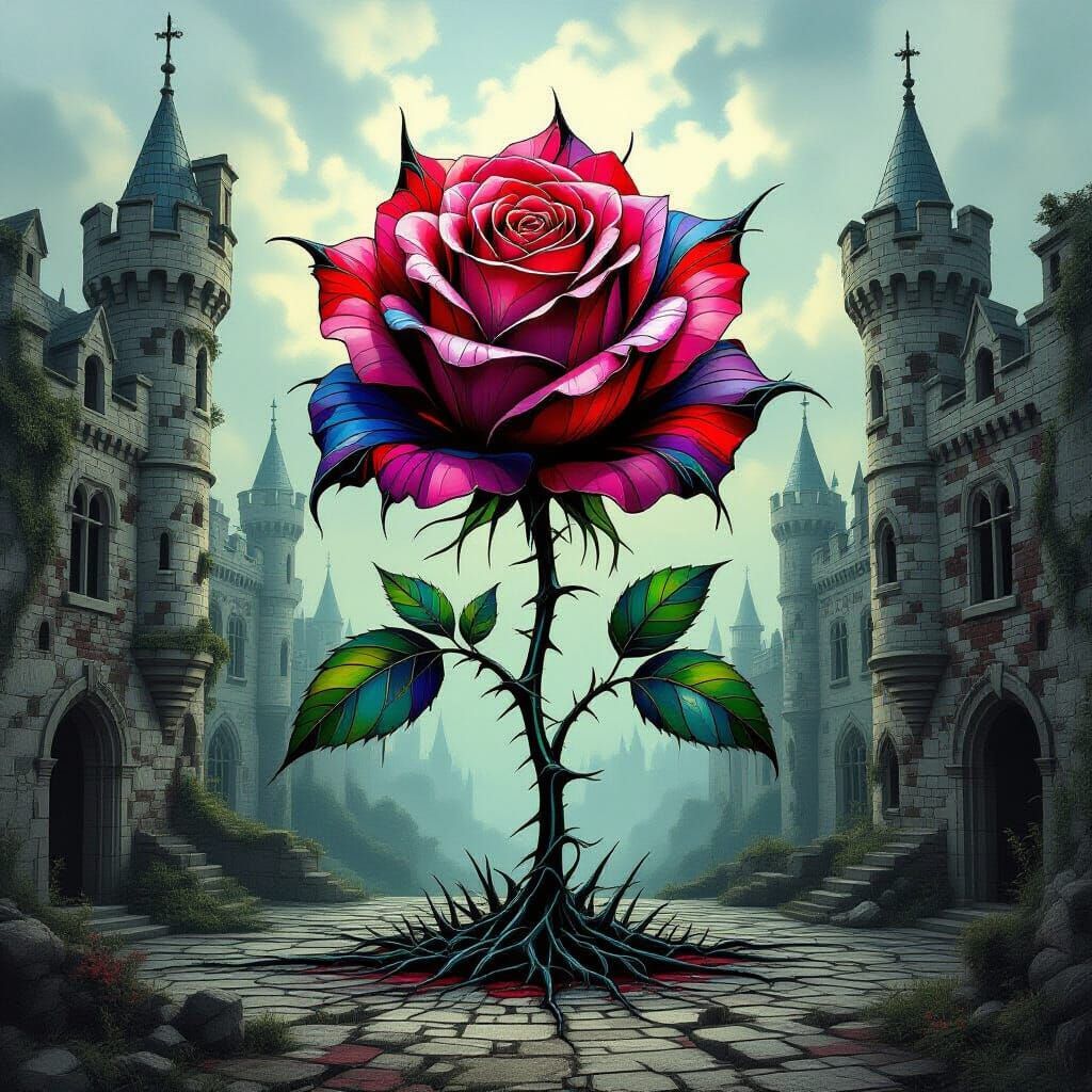 Giant Stained Glass Rose Blooms in Castle Courtyard