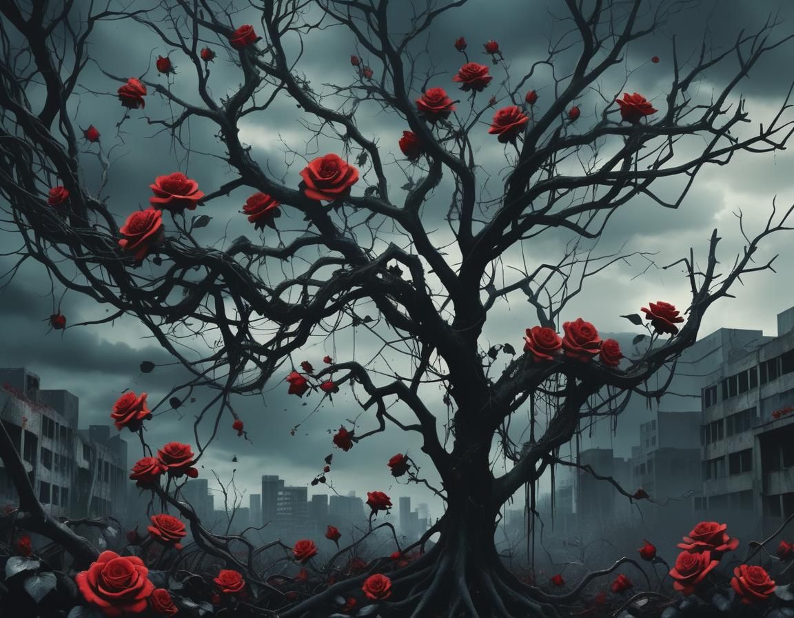 Dystopian Metropolis Dominated by Black Roses