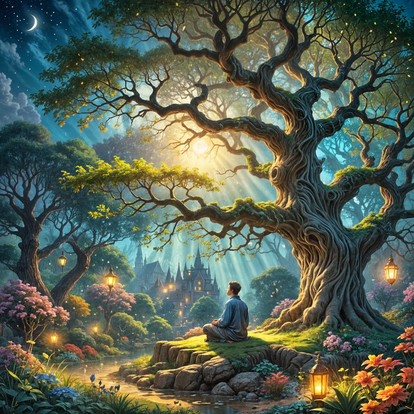 Mystical Moonlit Oasis with Ancient Tree and Exotic Blooms