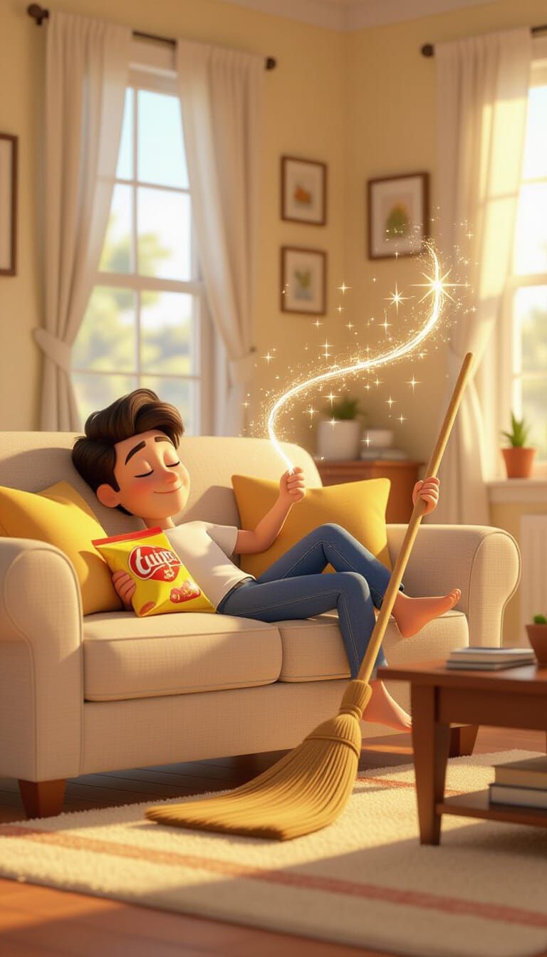 Ravi Sleeps While Magical Broom Cleans in Pixar Style