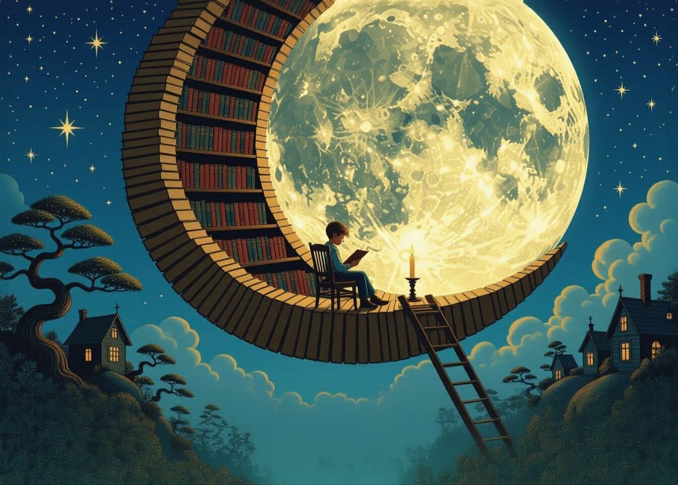 Enchanted Lunar Library: A Surreal Fairytale Scene