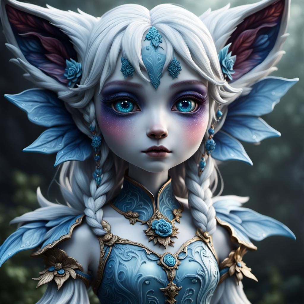 Fantastical Porcelain Fairy Wolf Doll in Detailed Matte Pain...