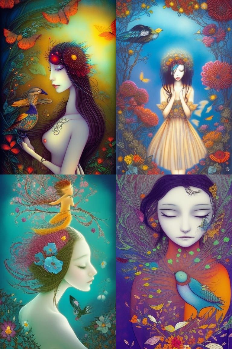 Fairytale Girl with Birds and Flowers in Magic Realism