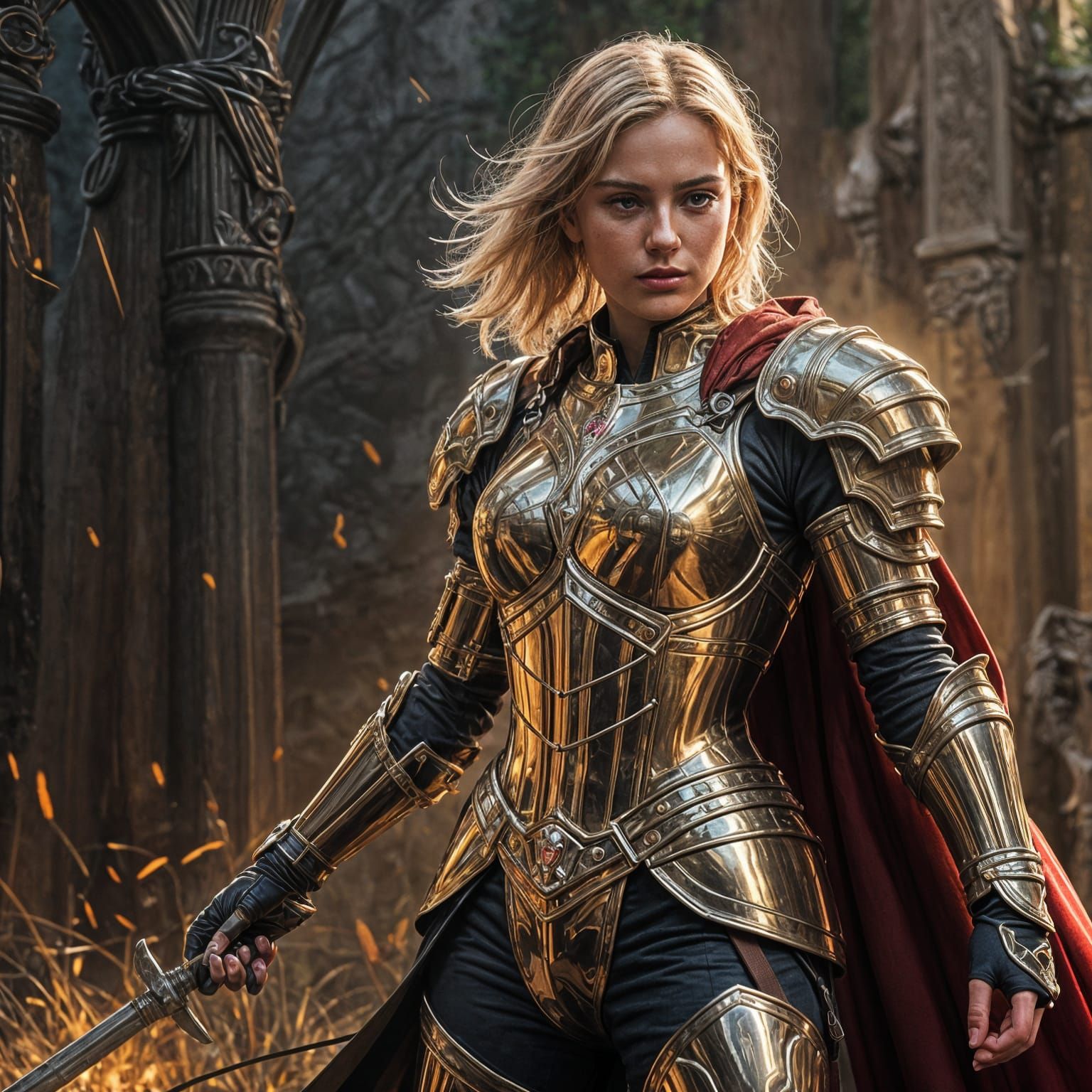 Young Blonde Warrior with Sword and Red Cape