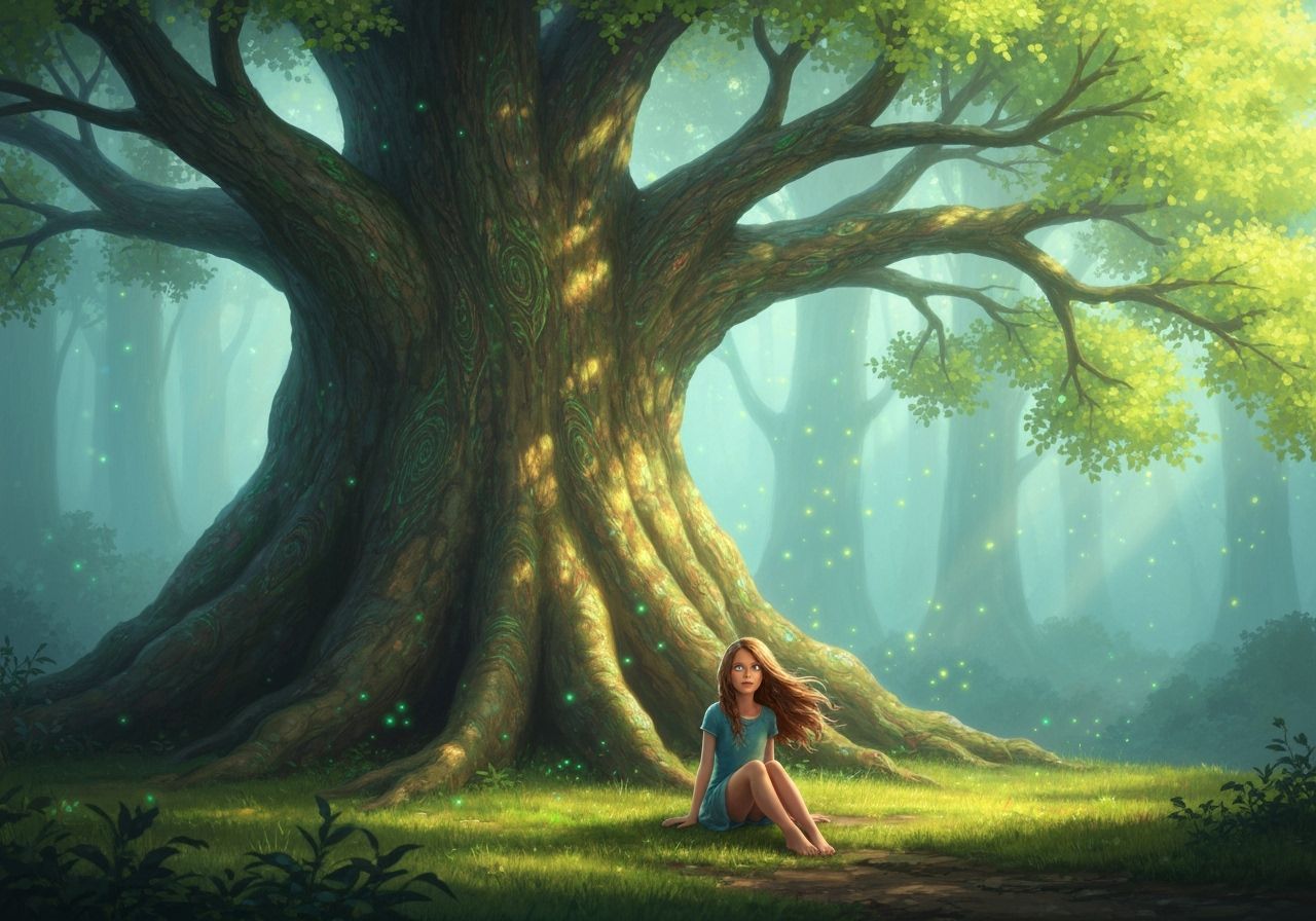 Girl Sits By Magical Glowing Tree in Enchanted Forest
