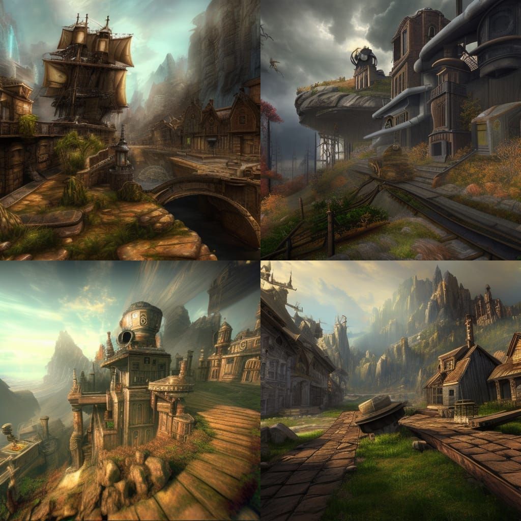 Detailed Steampunk Landscape with 3D Shading