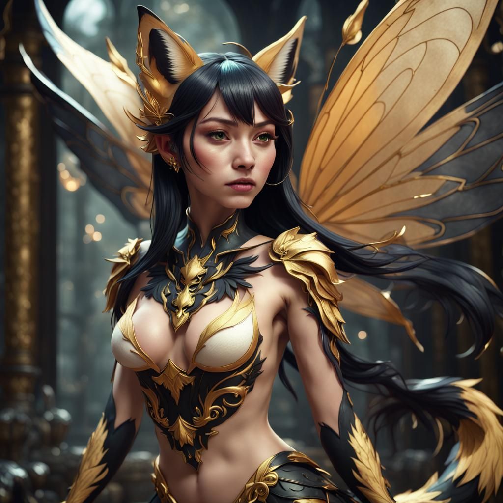 Kitsune with Black and Gold Wings