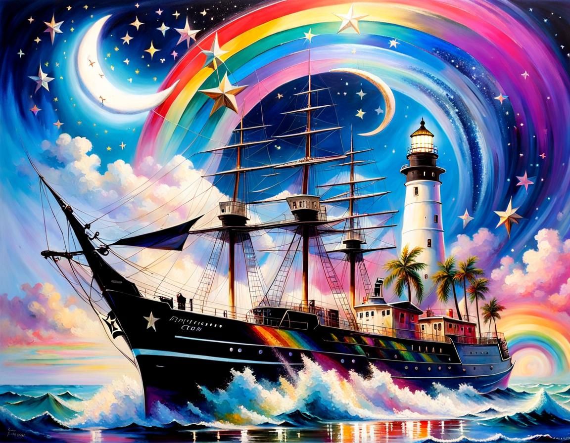 Emotional Landscape with Crescent Moon, Ship, and Panther