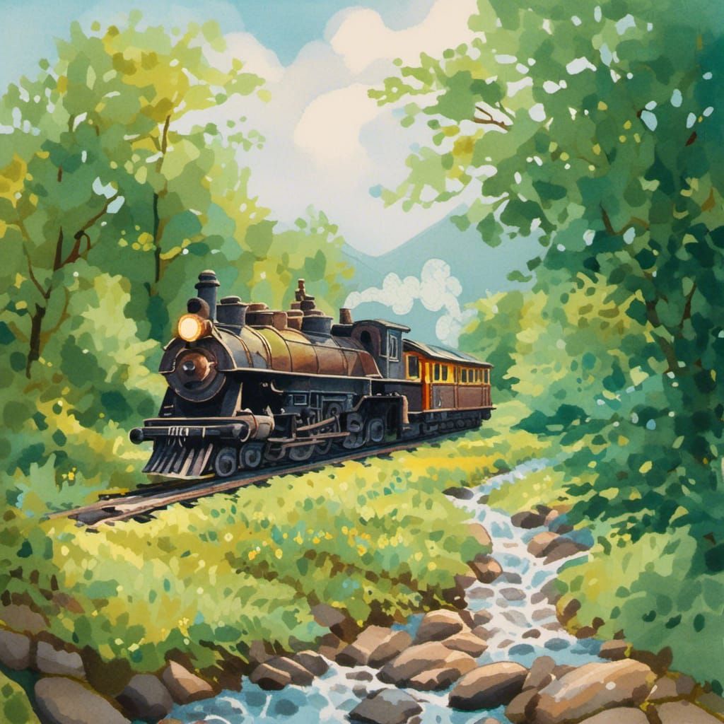 Cute Stream Train Ascending Hill in Gouache Style