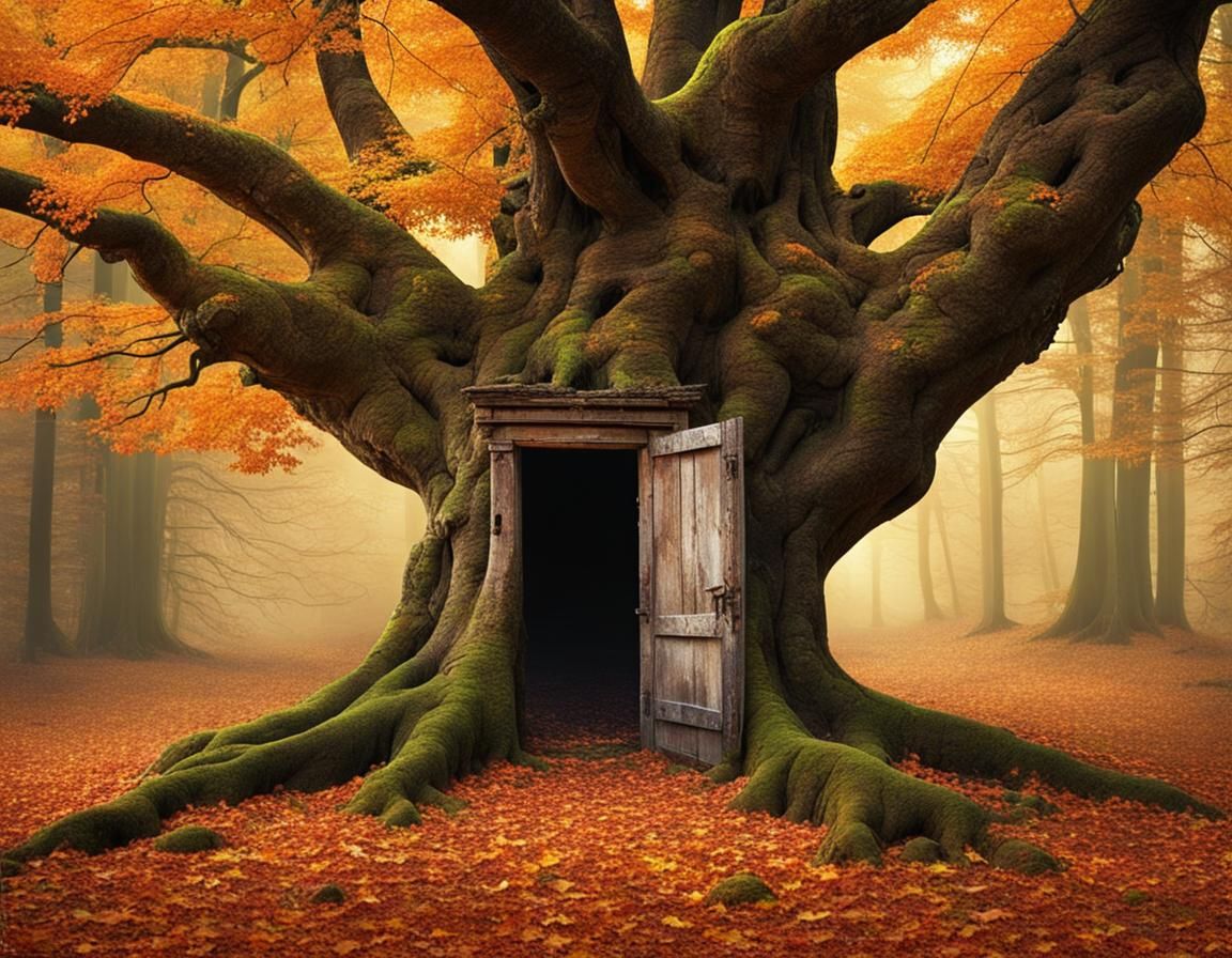 Ancient Tree with Door in Autumn Forest