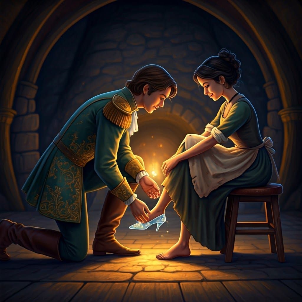 Prince Places Glass Slipper on Cinderella's Foot in Whimsica...