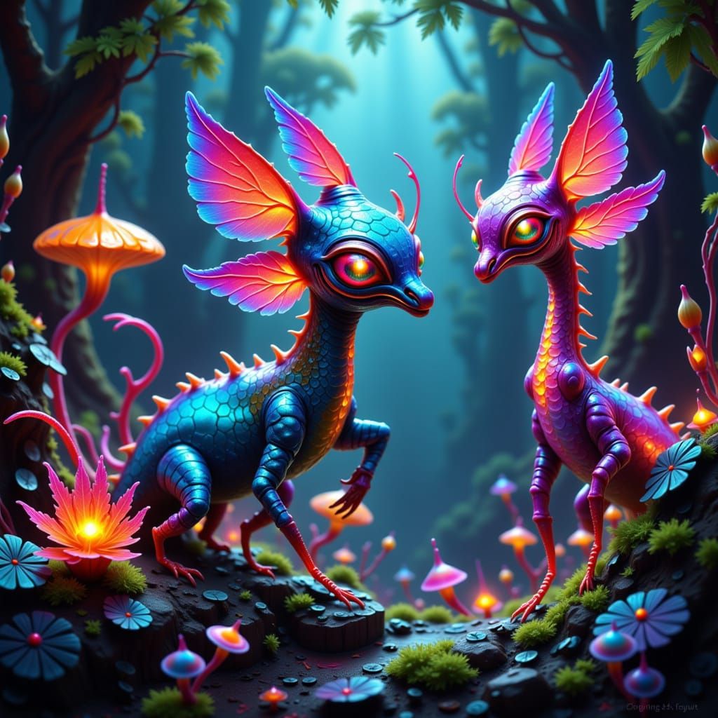 Iridescent Alien Creatures on Exoplanet, Digital Painting