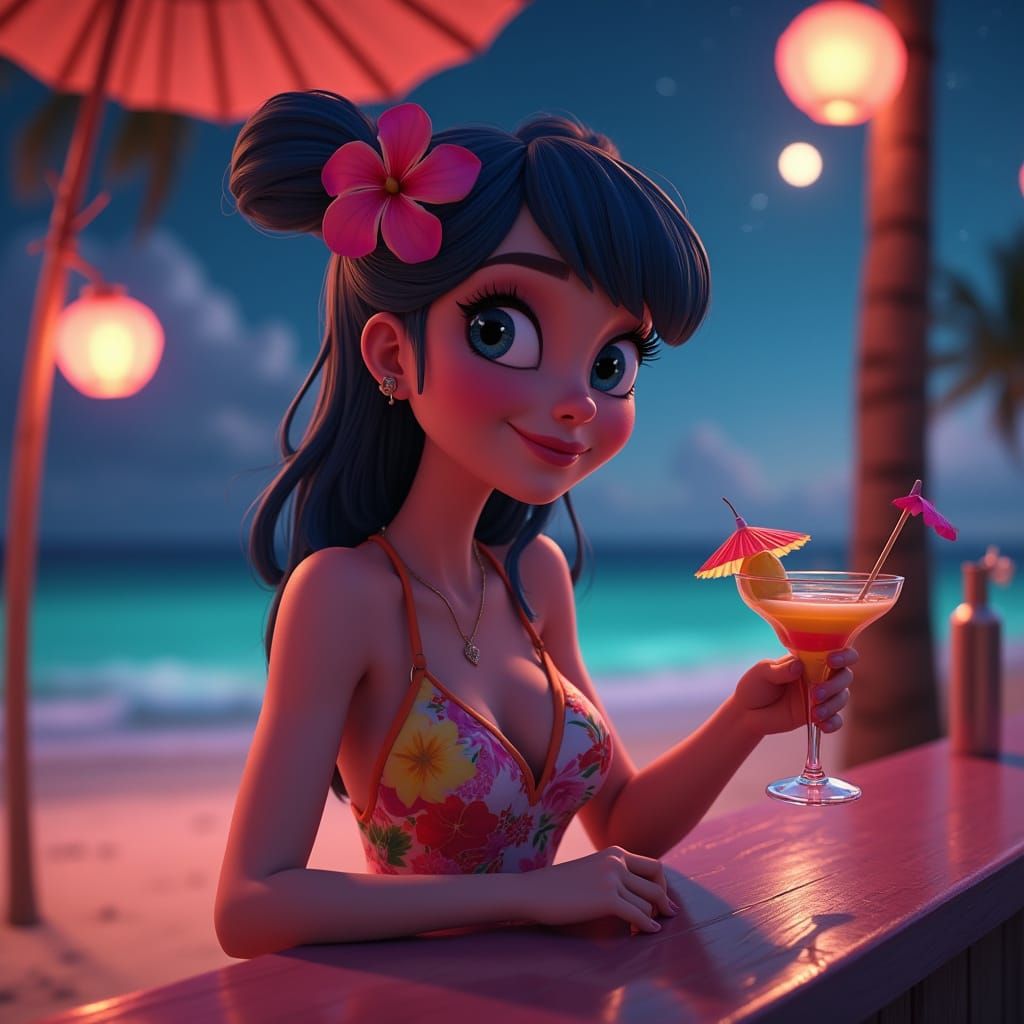 Mavis at the Beachside Bar in a Vibrant One-Piece Swimsuit