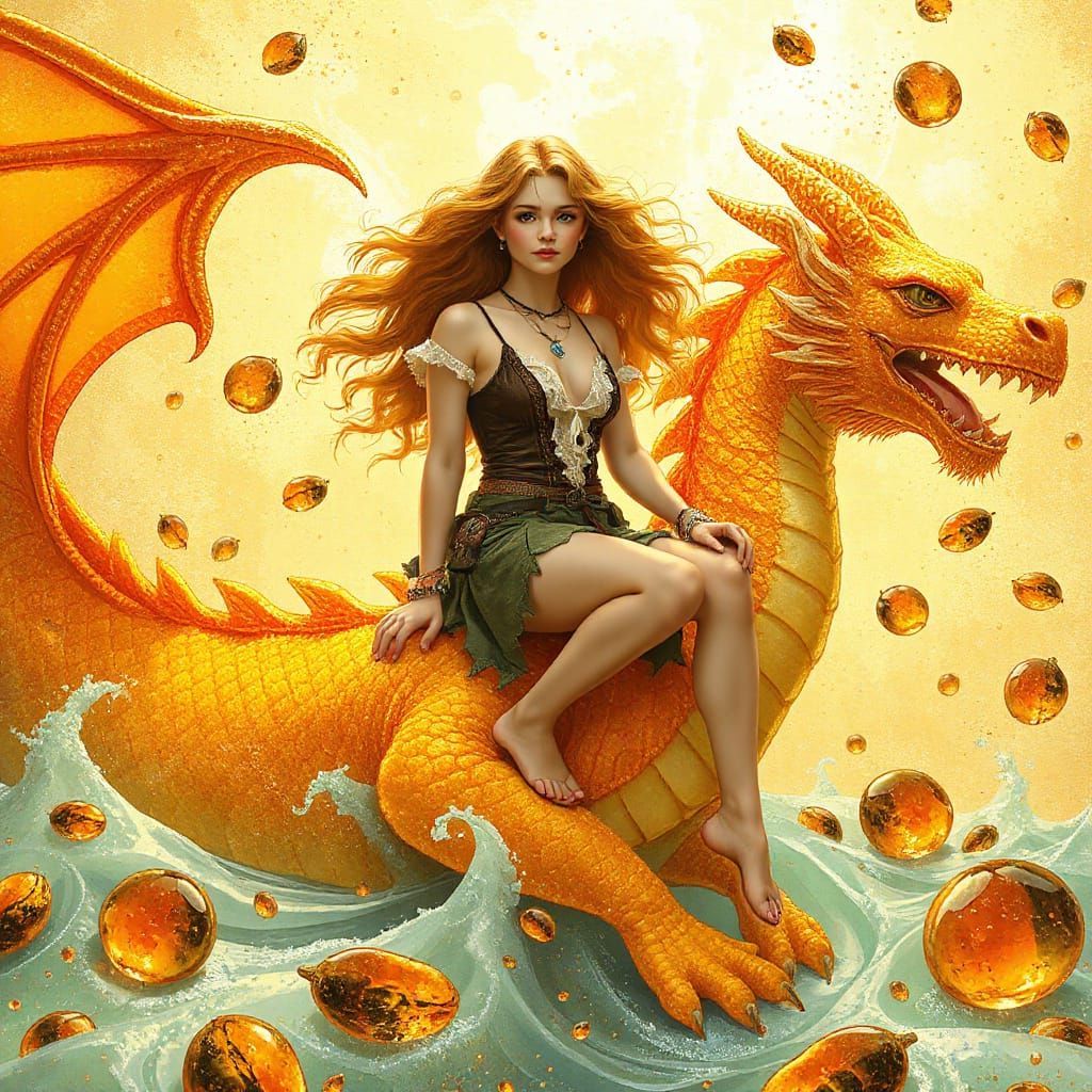 Bohemian Woman on Gummy Dragon in Soda Sea