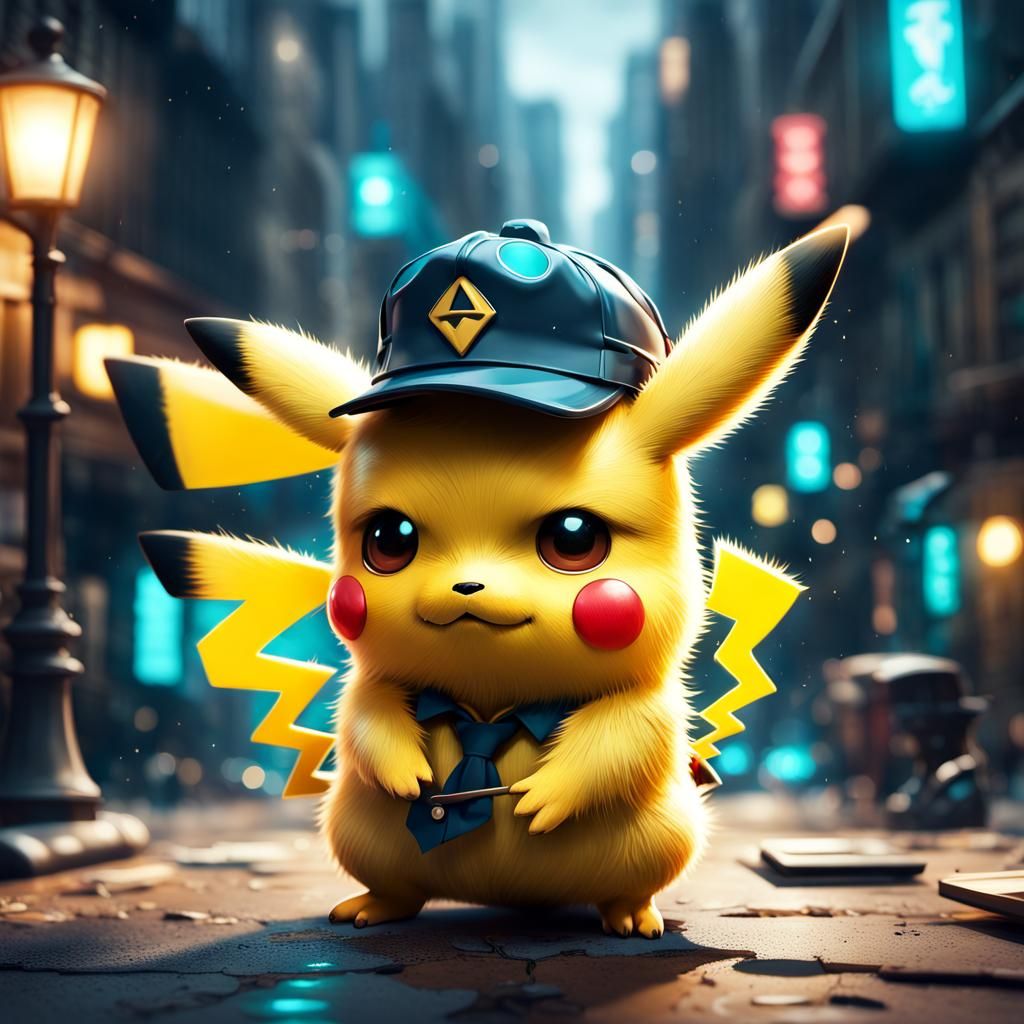 Pikachu Detective in Bioluminescent City, 3D Render