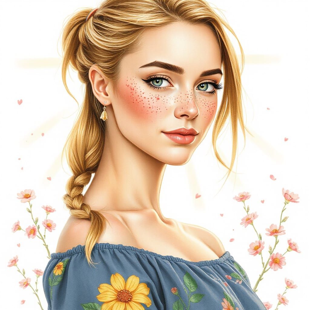 Pretty Woman with Freckles in Spring Sunrise