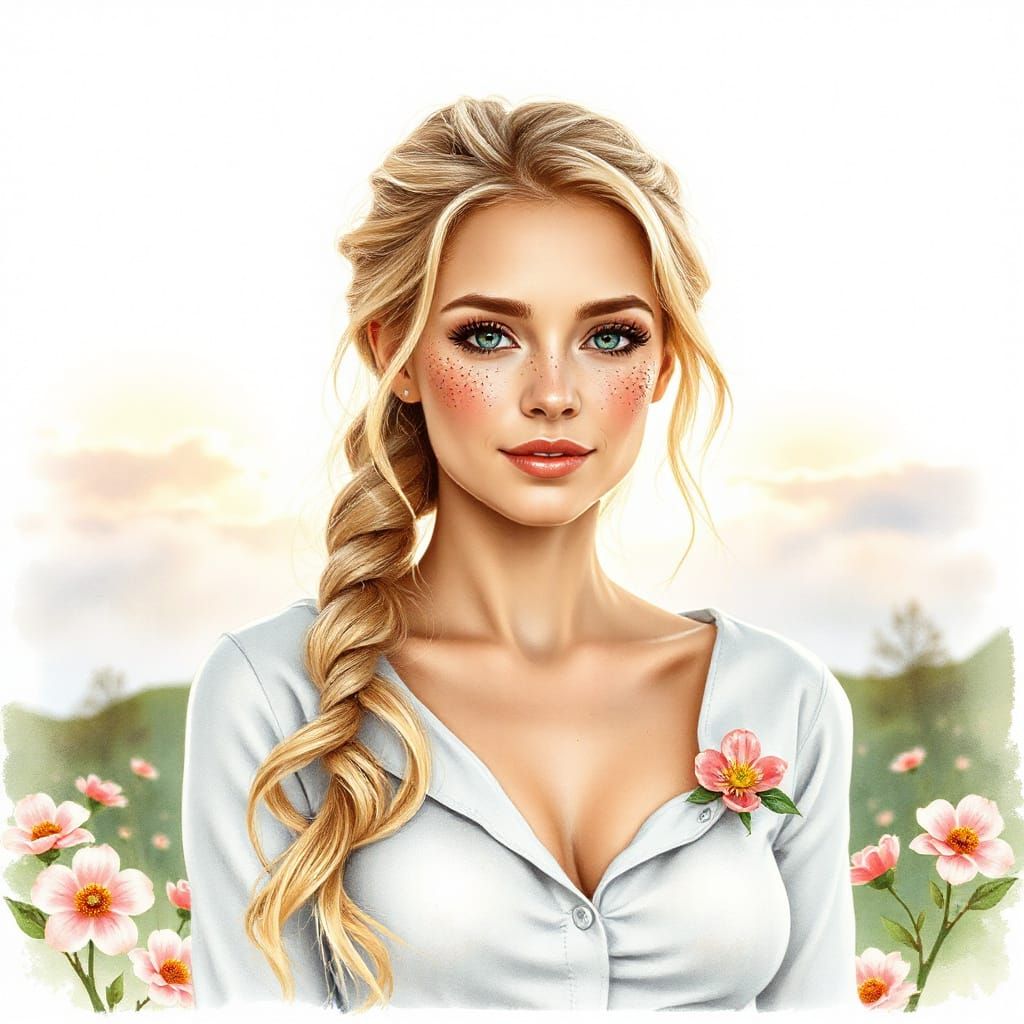 Pretty Woman with Freckles and Blonde Hair in Spring Sunrise