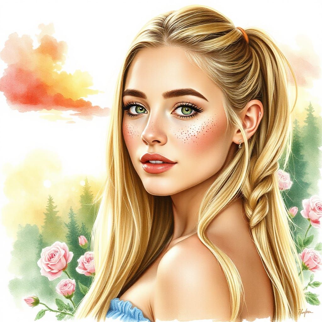 Pretty Woman with Freckles in Spring Sunrise