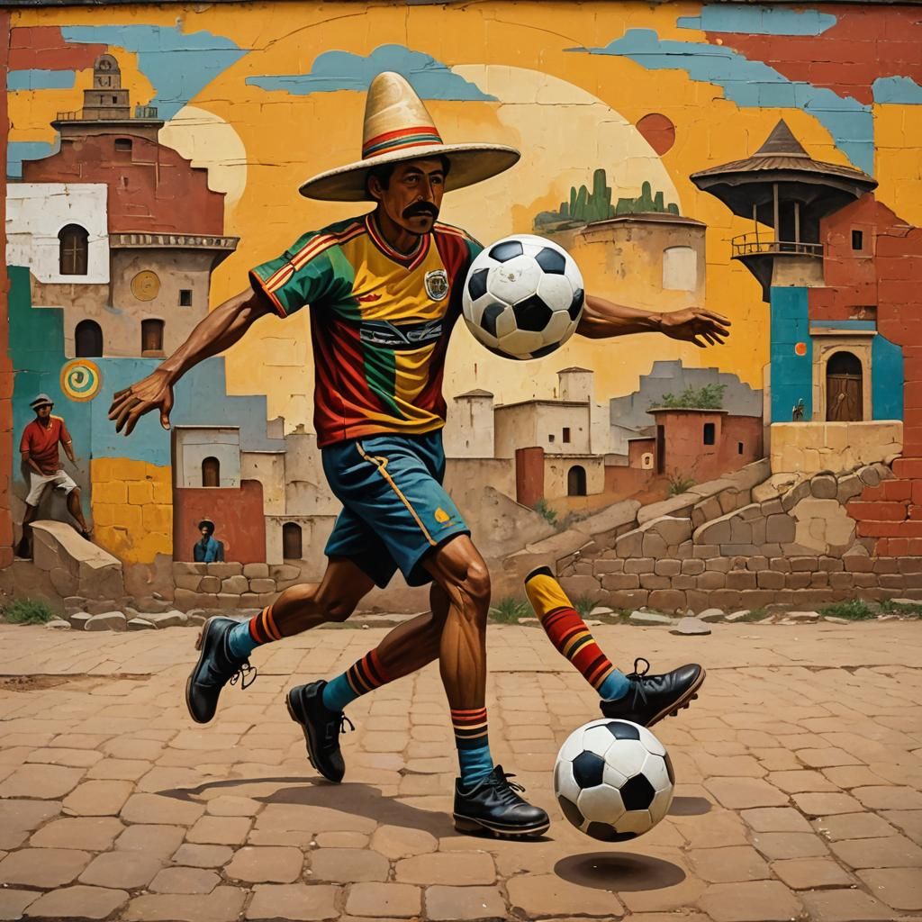Mexican Muralism: Soccer Player with Oversized Hands