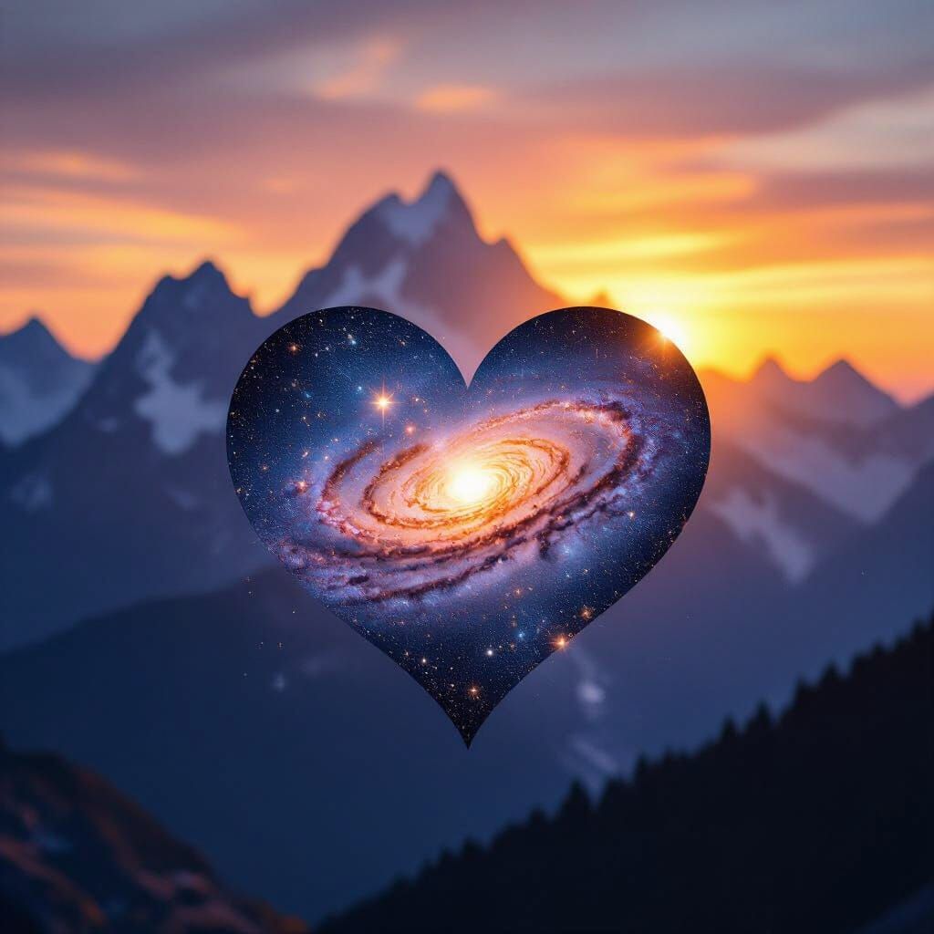 Galaxy Heart Over Sunrise Mountains