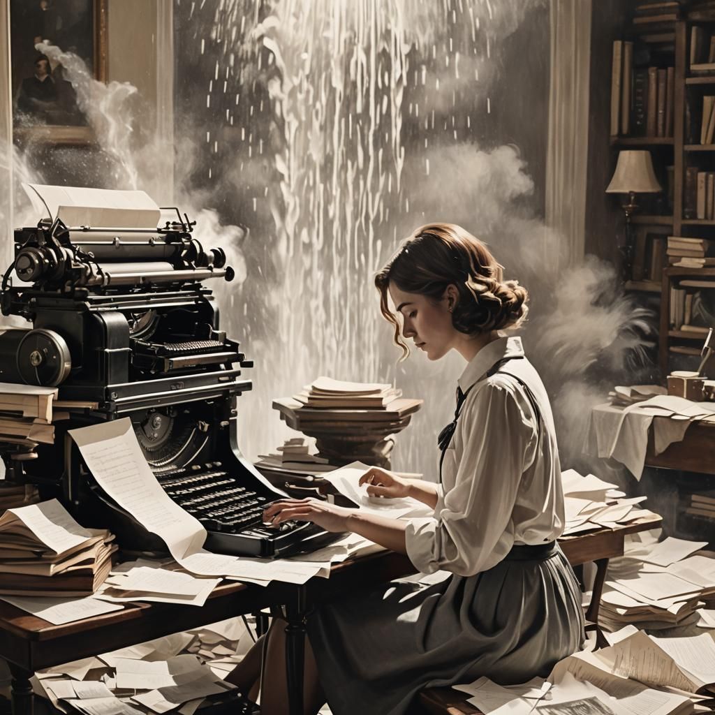 Woman's Creative Flow at Vintage Typewriter