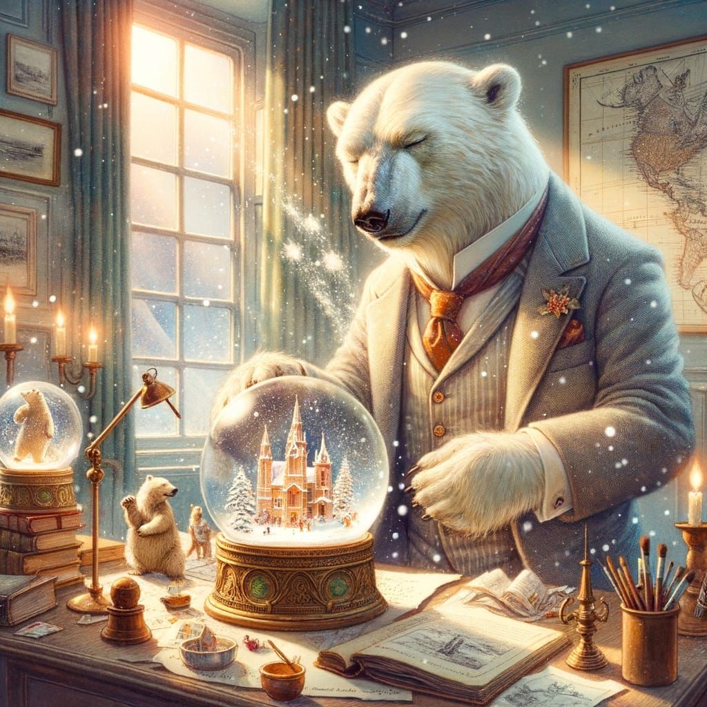 Polar Bear Crafts Diorama in Snow Globe, Watercolor Style