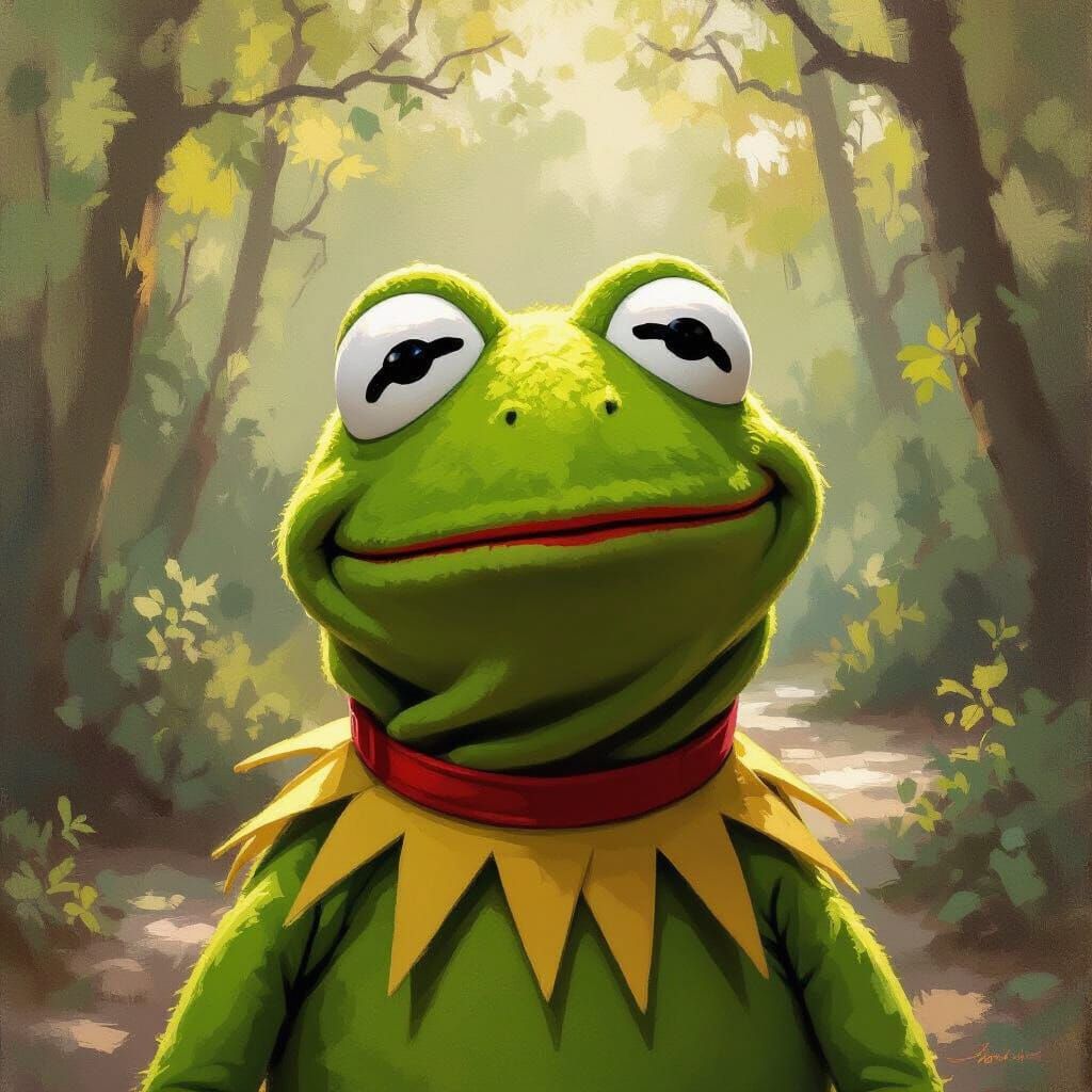 Kermit the Frog's Melancholy Portrait in Painterly Style