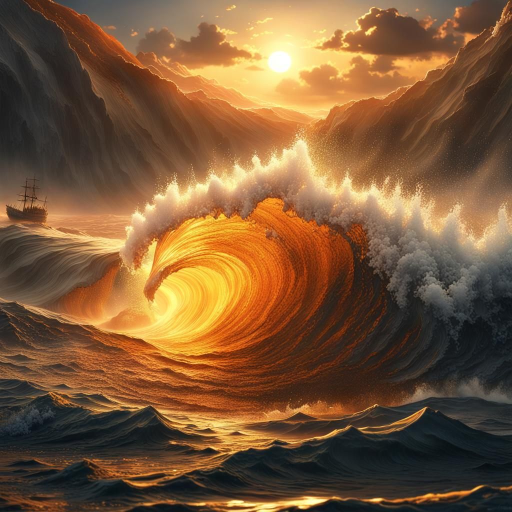 Golden Sea Wave at Sunset in Detailed Digital Art
