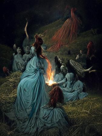 Goddess witch women dancing around fire at night in field Gustave Doré